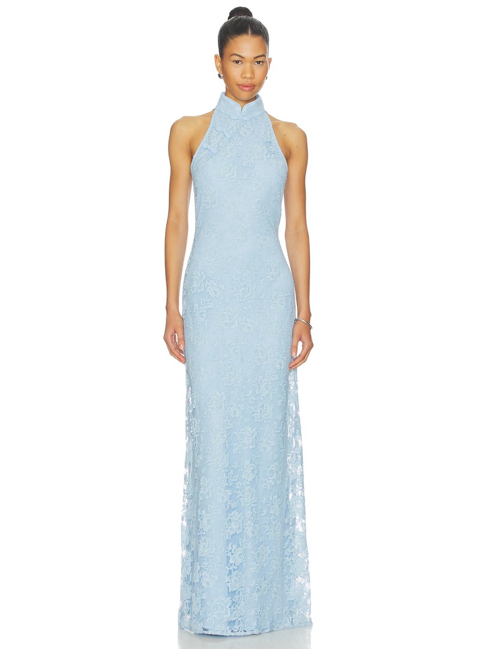 Sau Lee  Light Blue Halter Lace Evening Gown